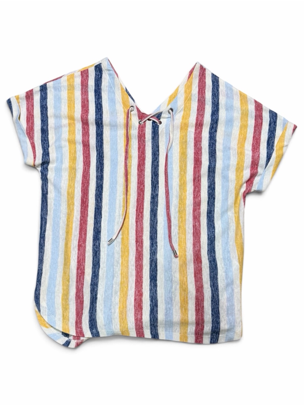 Rafaella Multicolor Vertical Striped Lace Up V-Neck Top Shirt Size Small